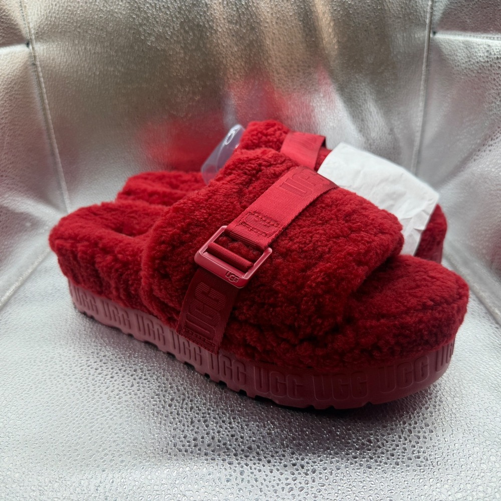 Size 11 UGG Fluffita Slides Womens Red Like New Platform Sheepskin Sandals